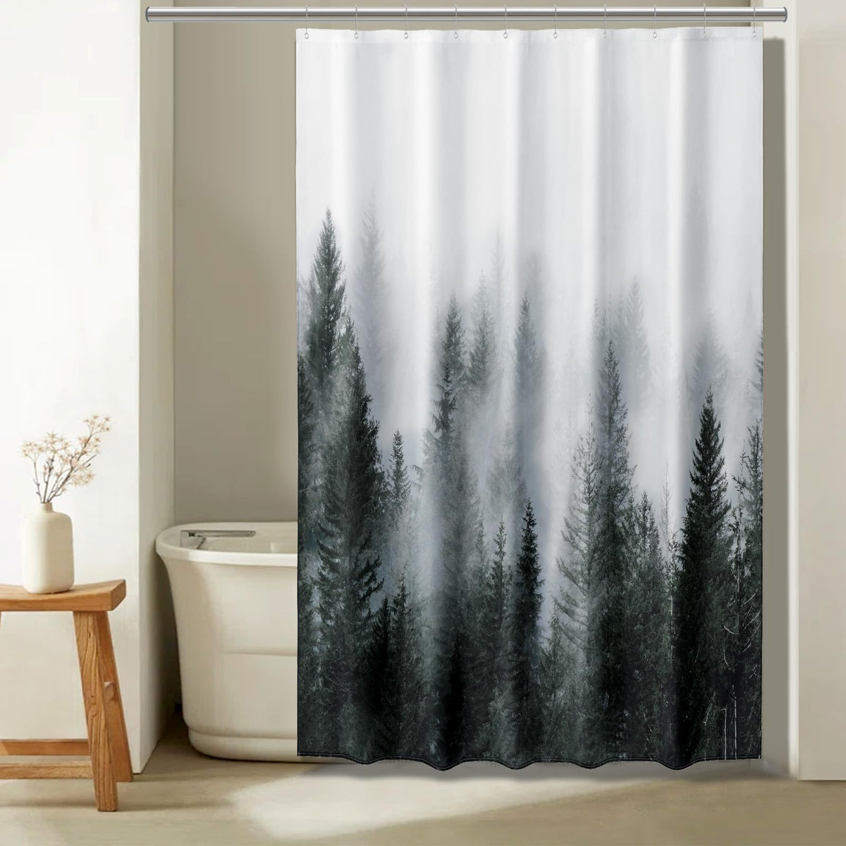 ORTIGIA Black and White Misty Forest Shower Curtain for Bathroom, Nature Woodland Curtain Set with Hooks, Decorative Pine Tree Fog Magic Bath Decor for Home Weighted, 72x72