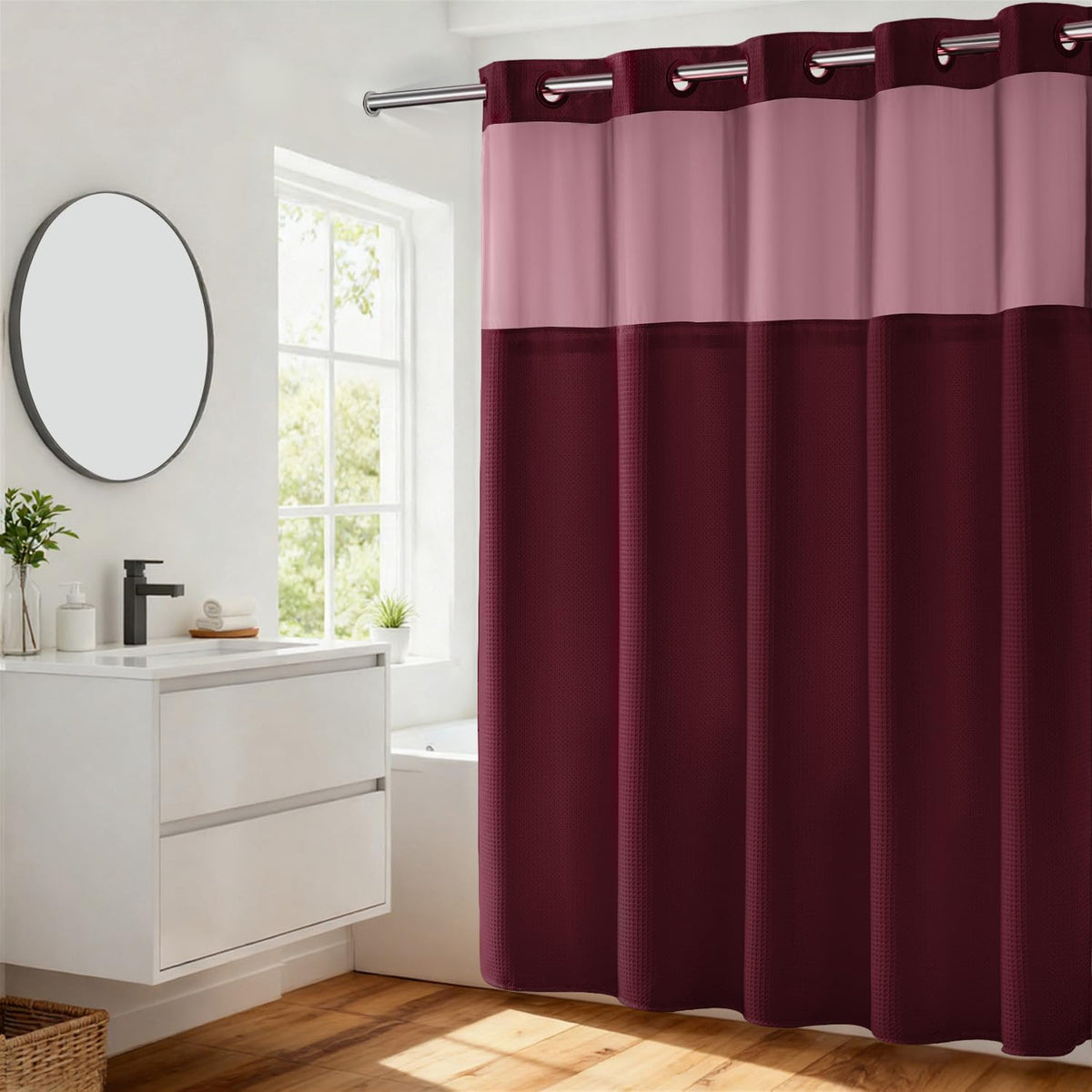 RiverDream Heavyweight Waffle No Hook Shower Curtain with Liner,White,71x74