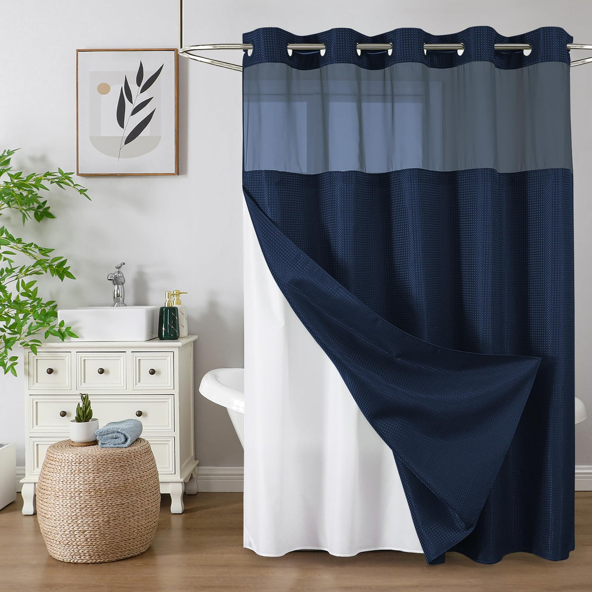 Colorful Star Sage Green No Hook Waffle Shower Curtain Set, 72 x 75 Inch