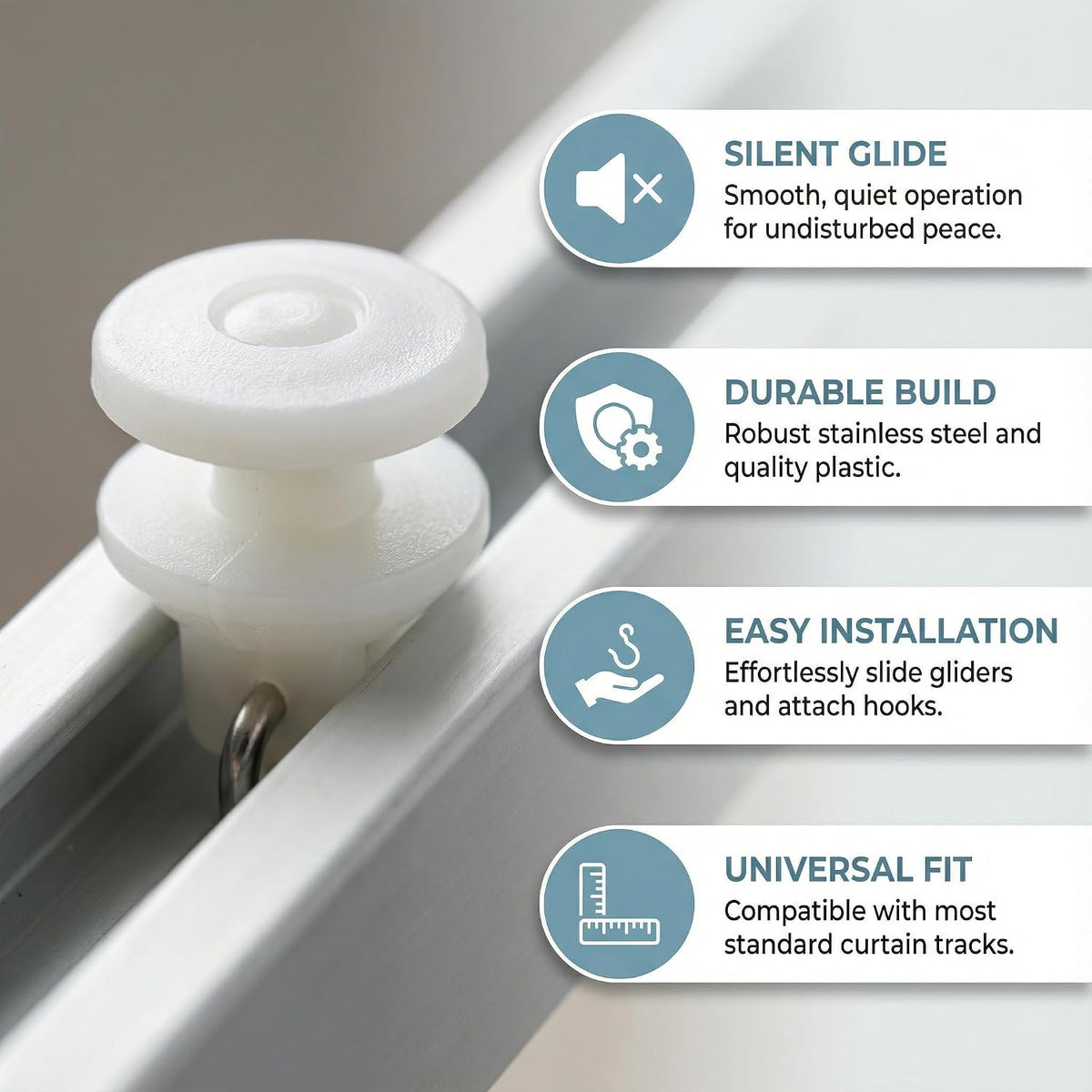 40 Pcs Curtain Track Gliders and Hooks Set Includes 20 Plastic Track Rollers 20 Stainless Steel Hooks Ideal for Ceiling Curtain Track RV Shower Curtain Rail Drapery System