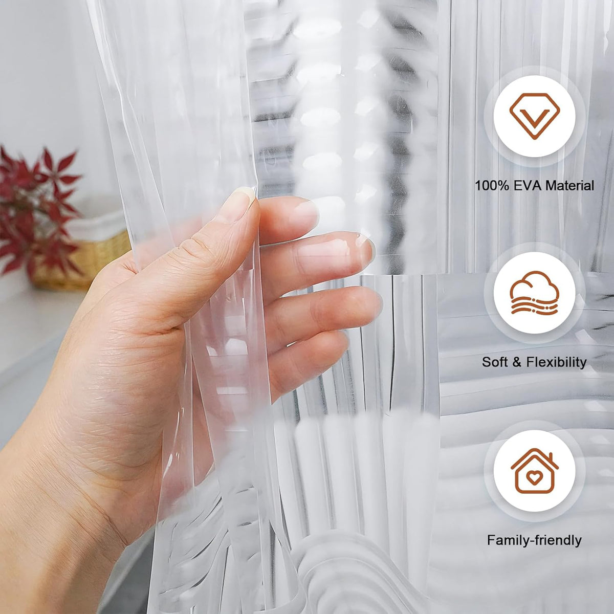 EurCross EVA Clear Shower Curtain 72x72 inches with 3 Stronger Magnetic Magnets, Flexibility PVC-Free 155g/m2 Heavy Duty Clear Design Shower Curtain Liner with Geometric 3D Pattern and Hooks