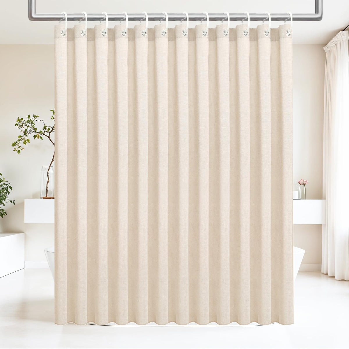 Ga-Geetopia Linen Textured Shower Curtain Set with Hooks, Boho Farmhouse Bath Shower Curtains for Beige Bathroom Neutral Cloth, Hotel Luxury, Weighted Hem, 72W x 72L, Cream