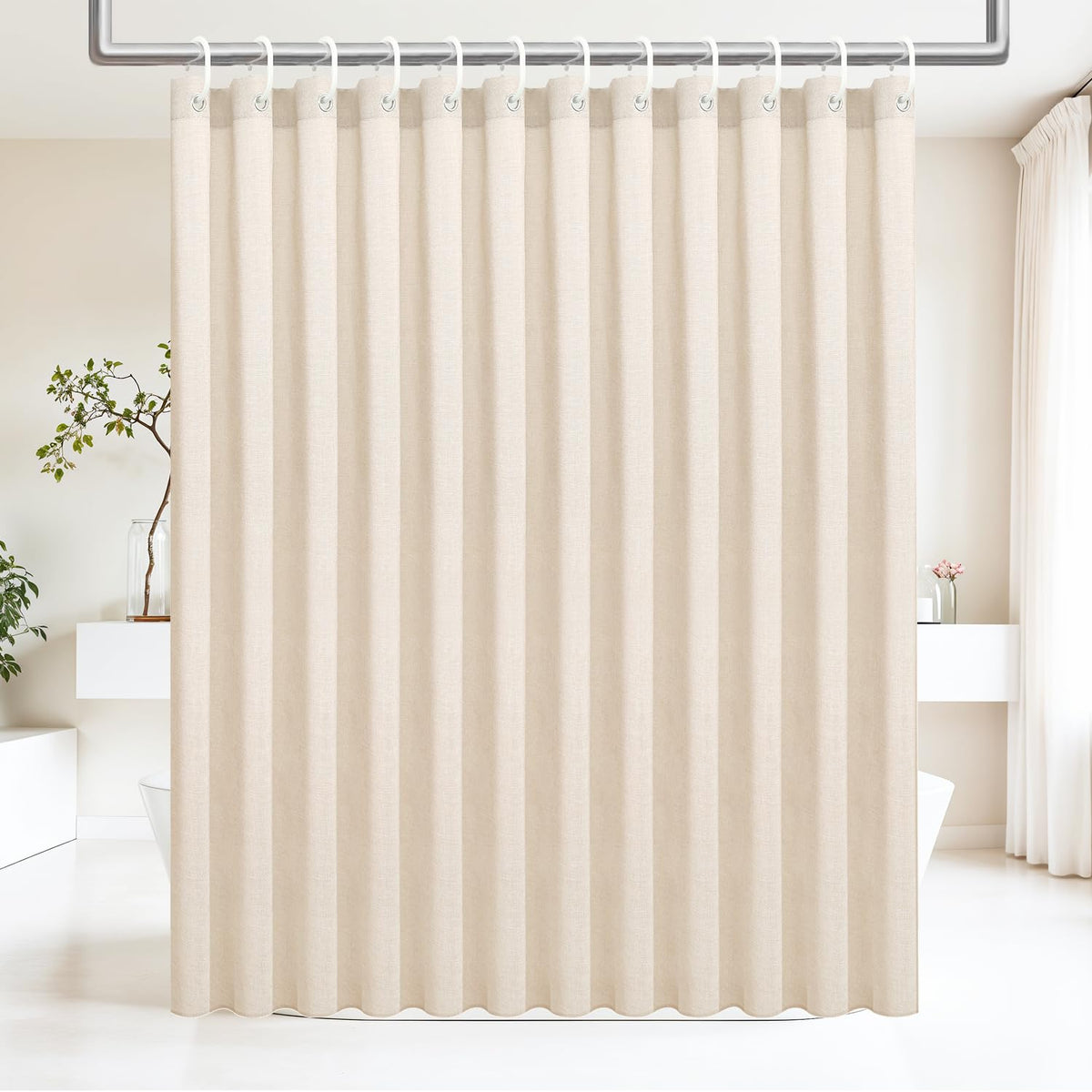 Ga-Geetopia Linen Textured Shower Curtain Set with Hooks, Boho Farmhouse Bath Shower Curtains for Beige Bathroom Neutral Cloth, Hotel Luxury, Weighted Hem, 72W x 72L, Cream