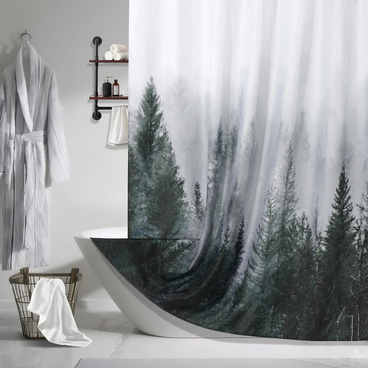 ORTIGIA Black and White Misty Forest Shower Curtain for Bathroom, Nature Woodland Curtain Set with Hooks, Decorative Pine Tree Fog Magic Bath Decor for Home Weighted, 72x72