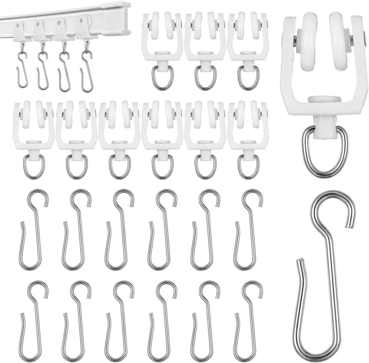 30 PCS Curtain Track Rollers with 30 PCS Hooks Flexible Bendable White