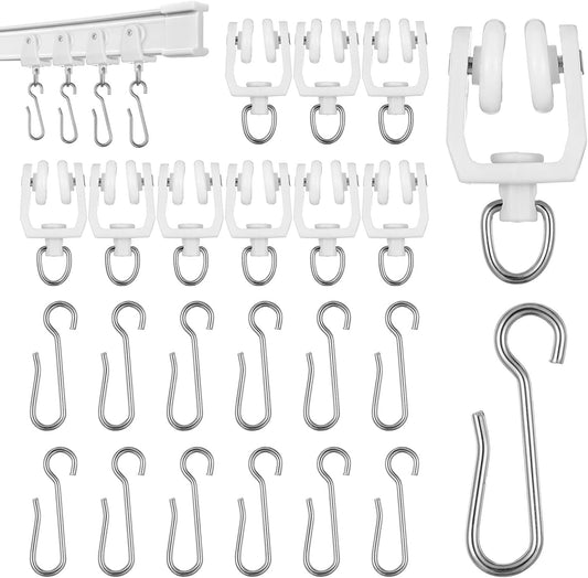 30 PCS Curtain Track Rollers with 30 PCS Hooks Flexible Bendable White
