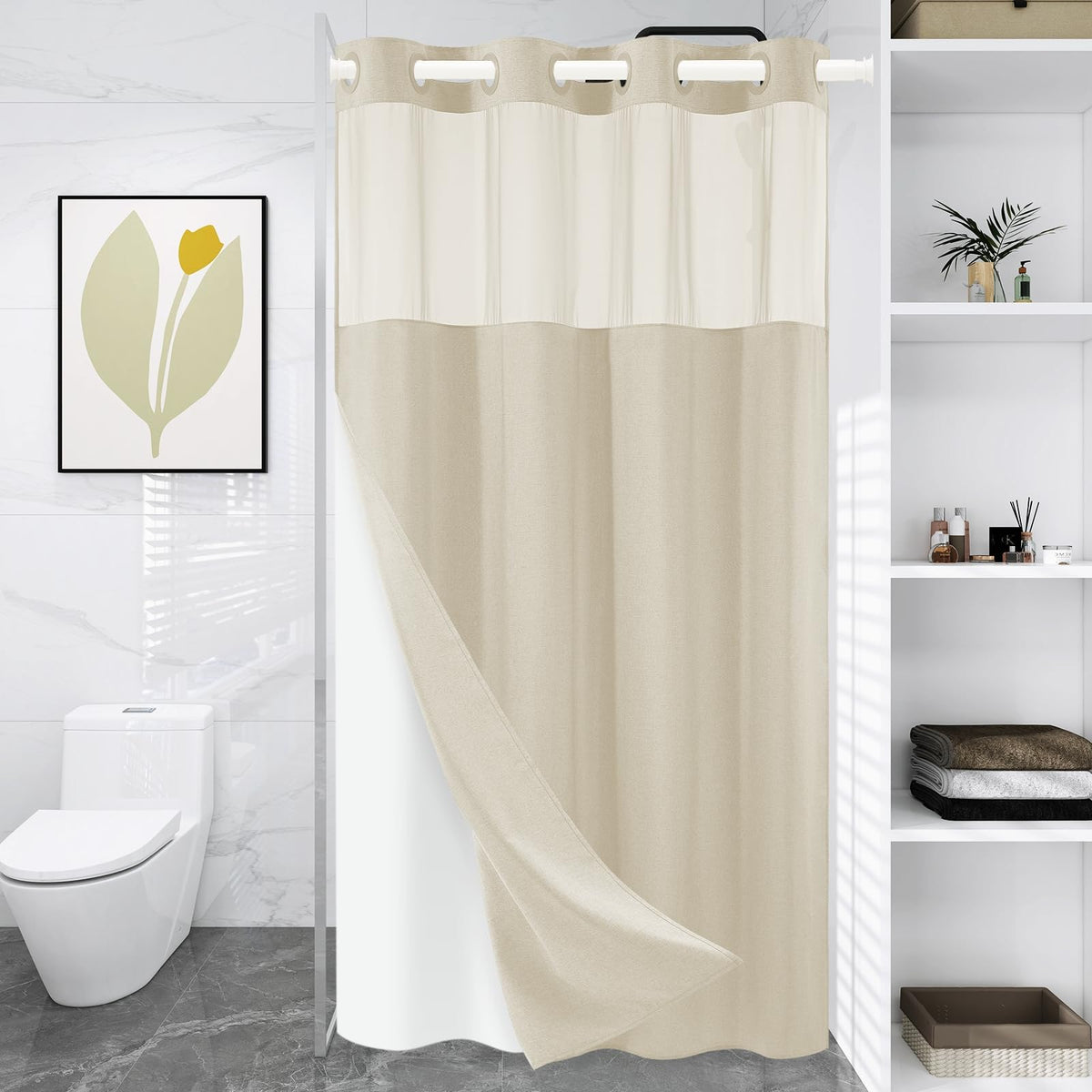 WONICY Hook-Free Shower Curtain with Snap-in Liner, Cream, 71 x 74