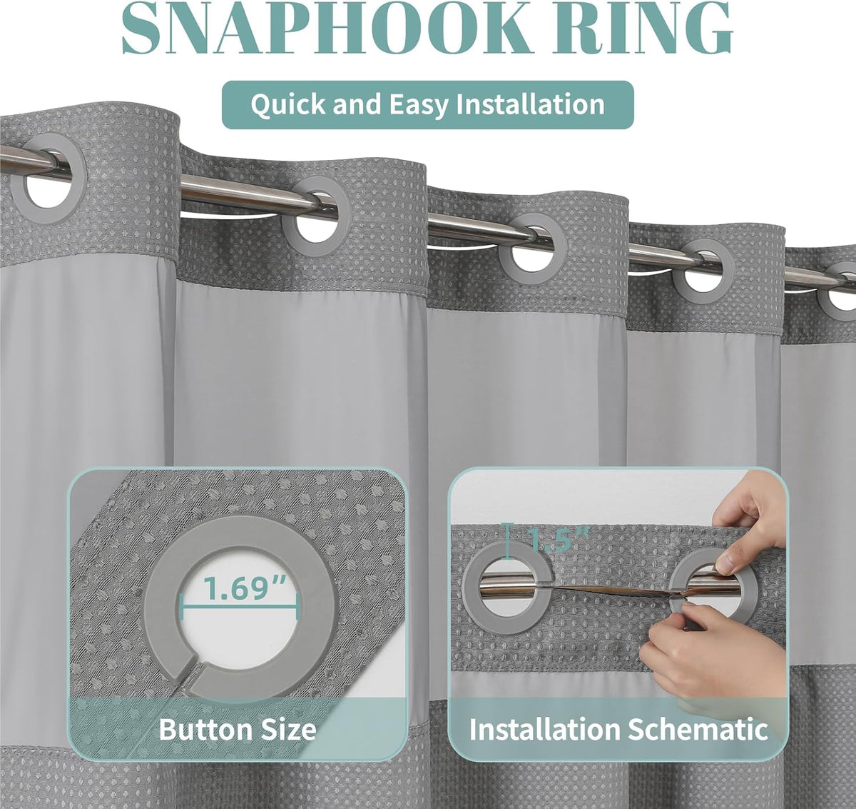 eachope No Hook Waffle Shower Curtain with Snap-in Liner, 71x74 Inch, Grey