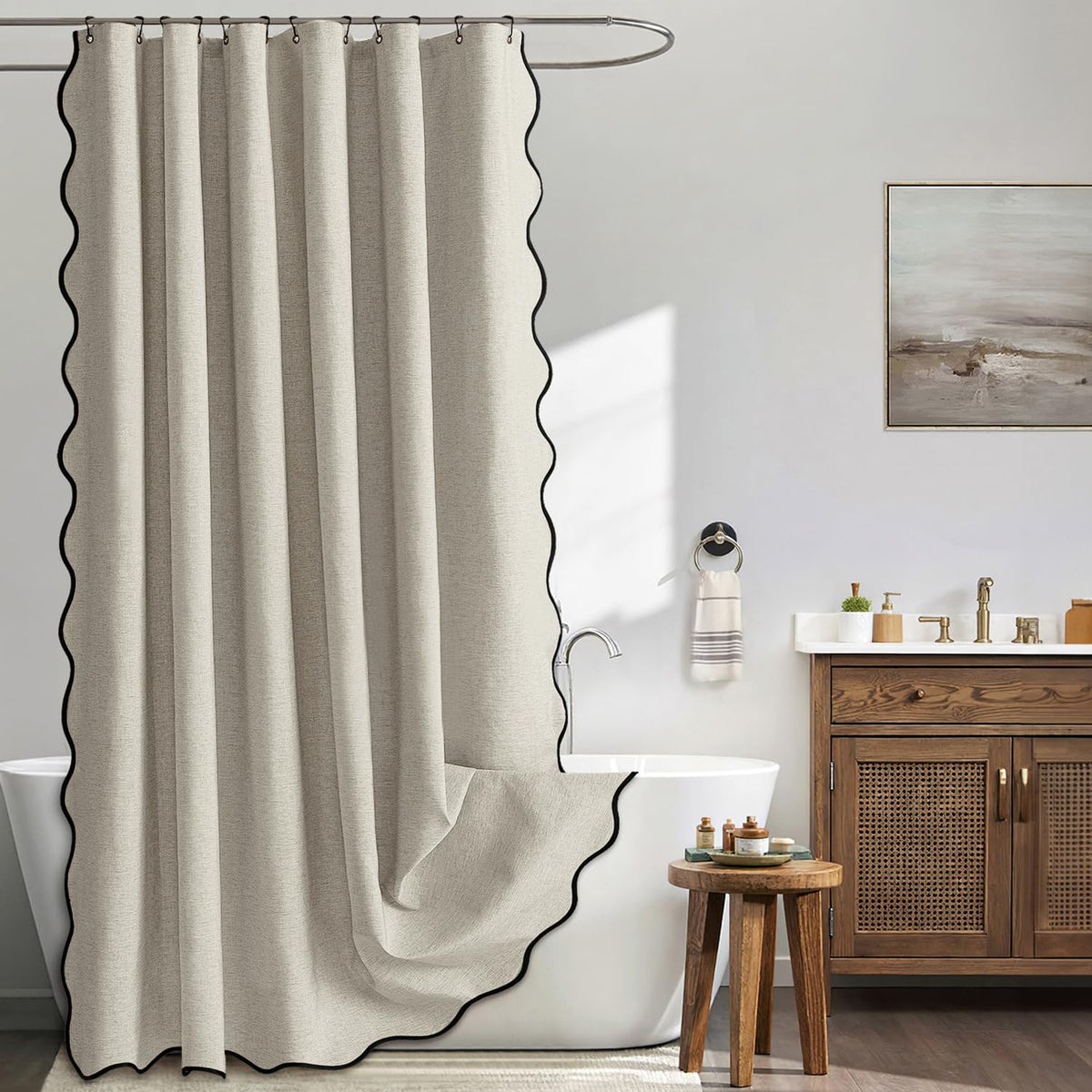 MIULEE Beige Scalloped Shower Curtain Linen Textured with 12 Metal Hooks Cute Heavy Duty Washable Waterproof Neutral Thick Cloth Shower Curtains with Black Border for Bathroom Bathtub,W72*L72 Cream