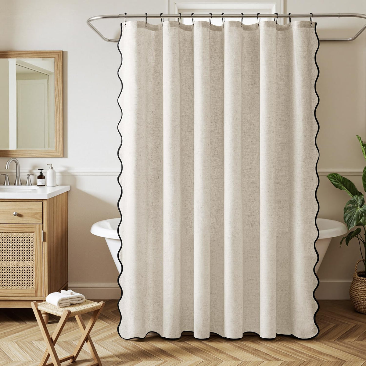 MIULEE Natural Scalloped Linen Shower Curtain 72W x 72L