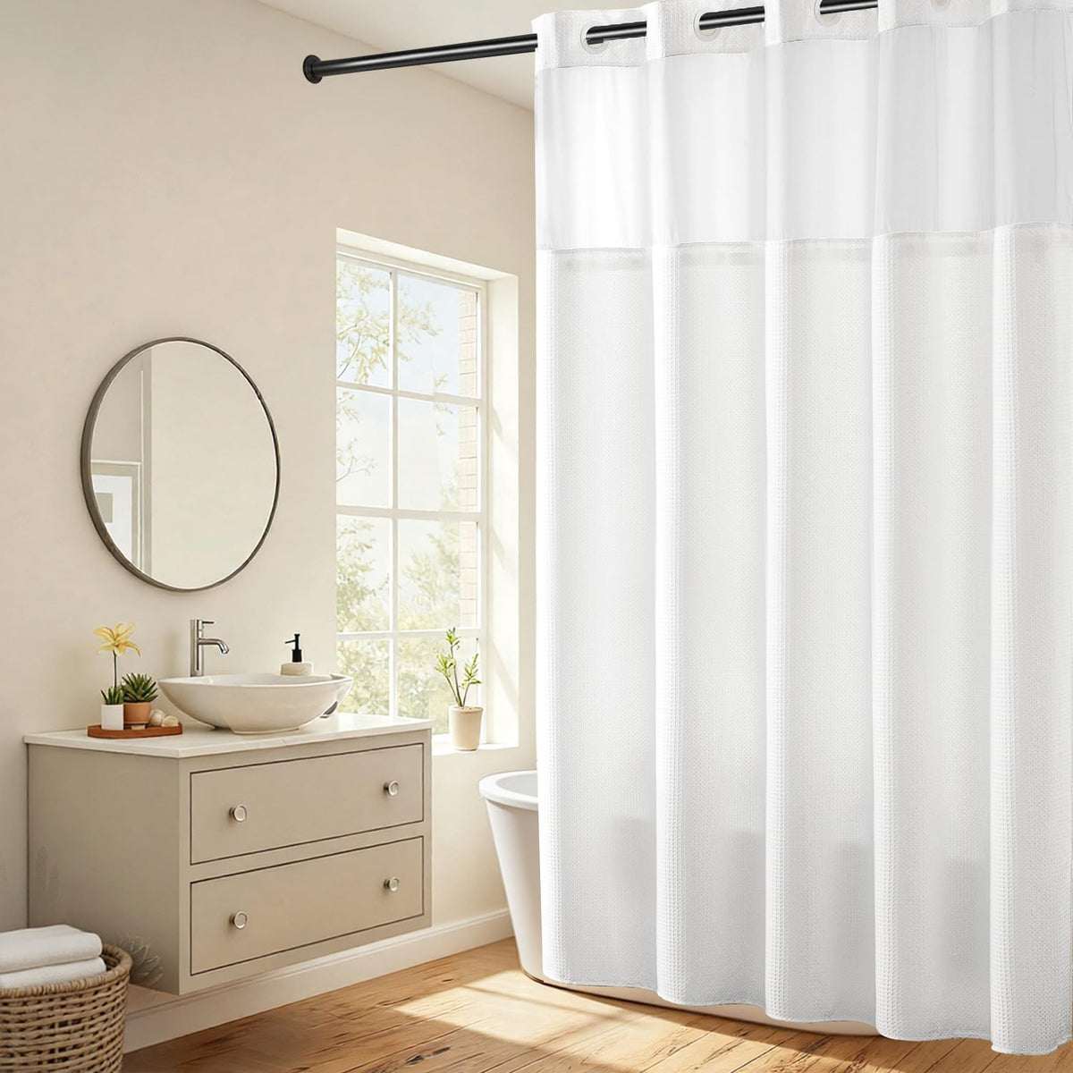 RiverDream Heavyweight Waffle No Hook Shower Curtain with Liner,White,71x74