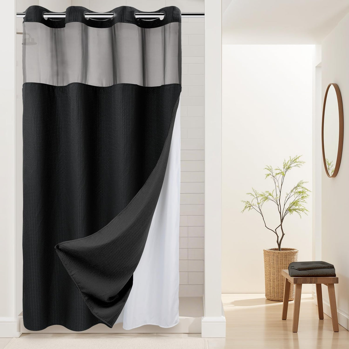 RiverDream Heavyweight Waffle No Hook Shower Curtain with Liner,White,71x74