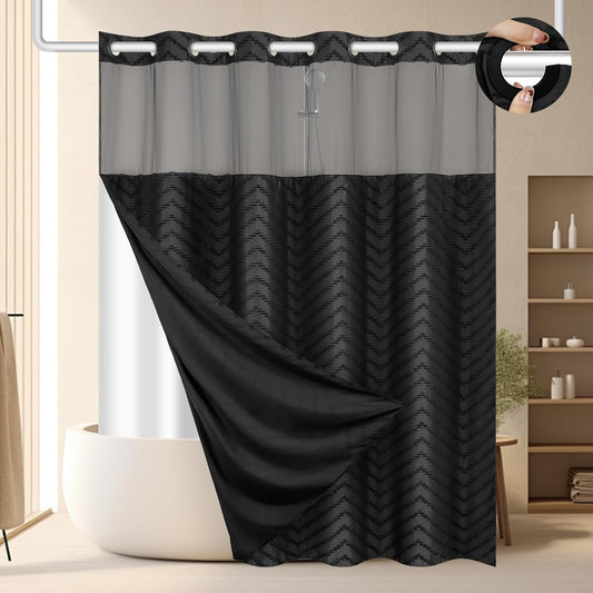 FADOTY Black No Hook Shower Curtain Set with Snap in Liner, 71'' x 74''