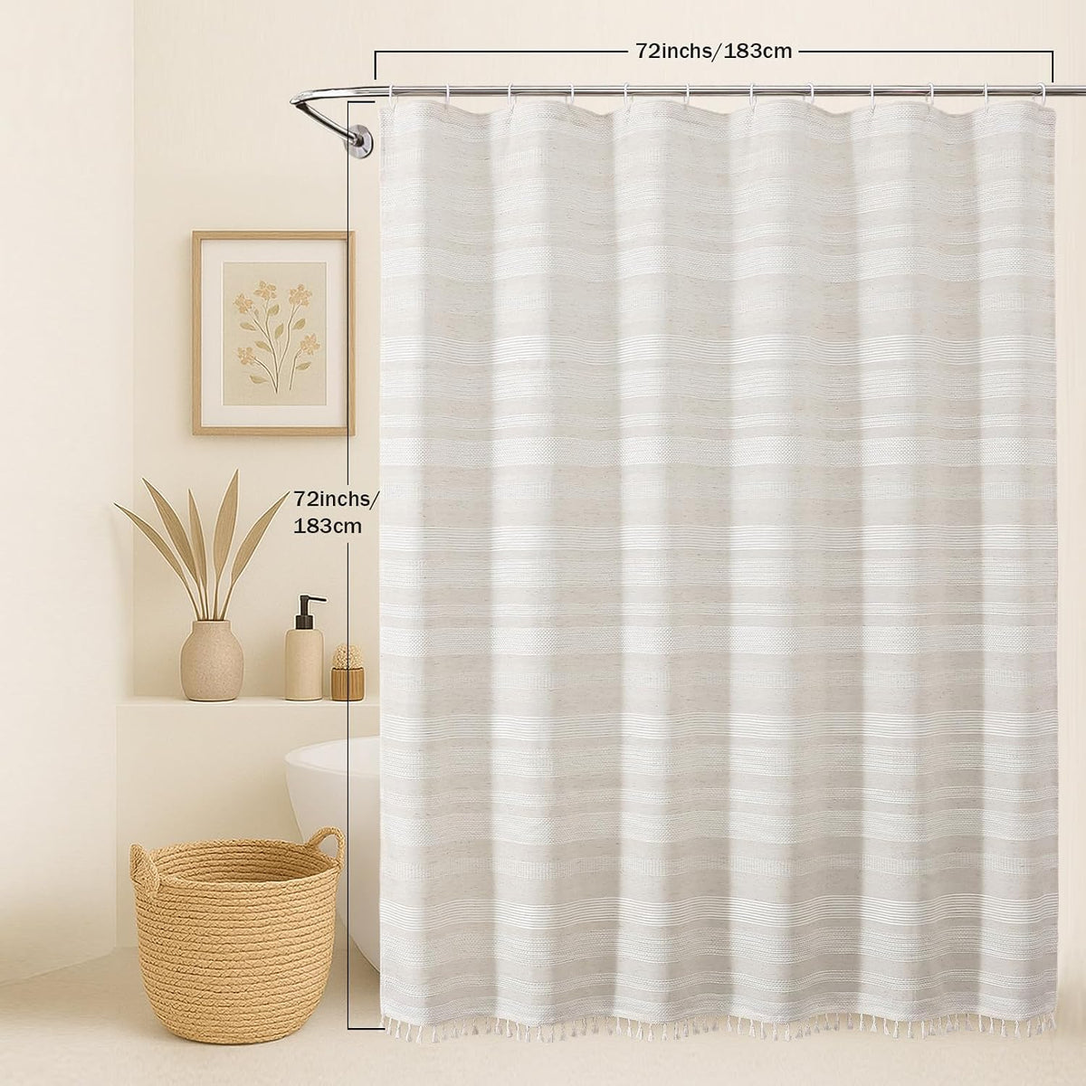 OVZME Natural Linen Shower Curtain for Bathroom, Boho Farmhouse Rustic Striped Shower Curtain with Tassel, Textured Heavy Duty Vintage Country Bathroom Curtain, 72Wx72L Inches
