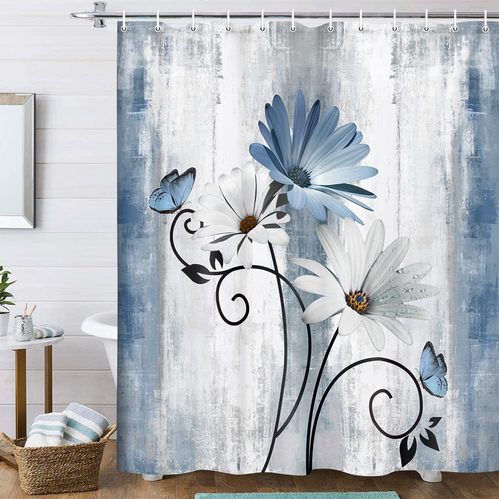 Rustic Farmhouse Shower Curtain, Farm Tan Cream Daisy Floral Flowers and Butterfly on Country Wooden Shower Curtains for Bathroom, Beige Brown Home Decor with 12PCS Hooks, 70X70IN