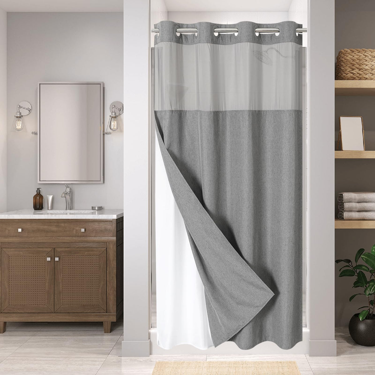 Eachope No Hooks Polyester Textured Shower Curtain with Snap-in Fabric Liner Set, Hotel Luxury Decor Shower Curtains for Bathroom with See Through Top Window, Waterproof & Washable, 71Wx74H, Cream