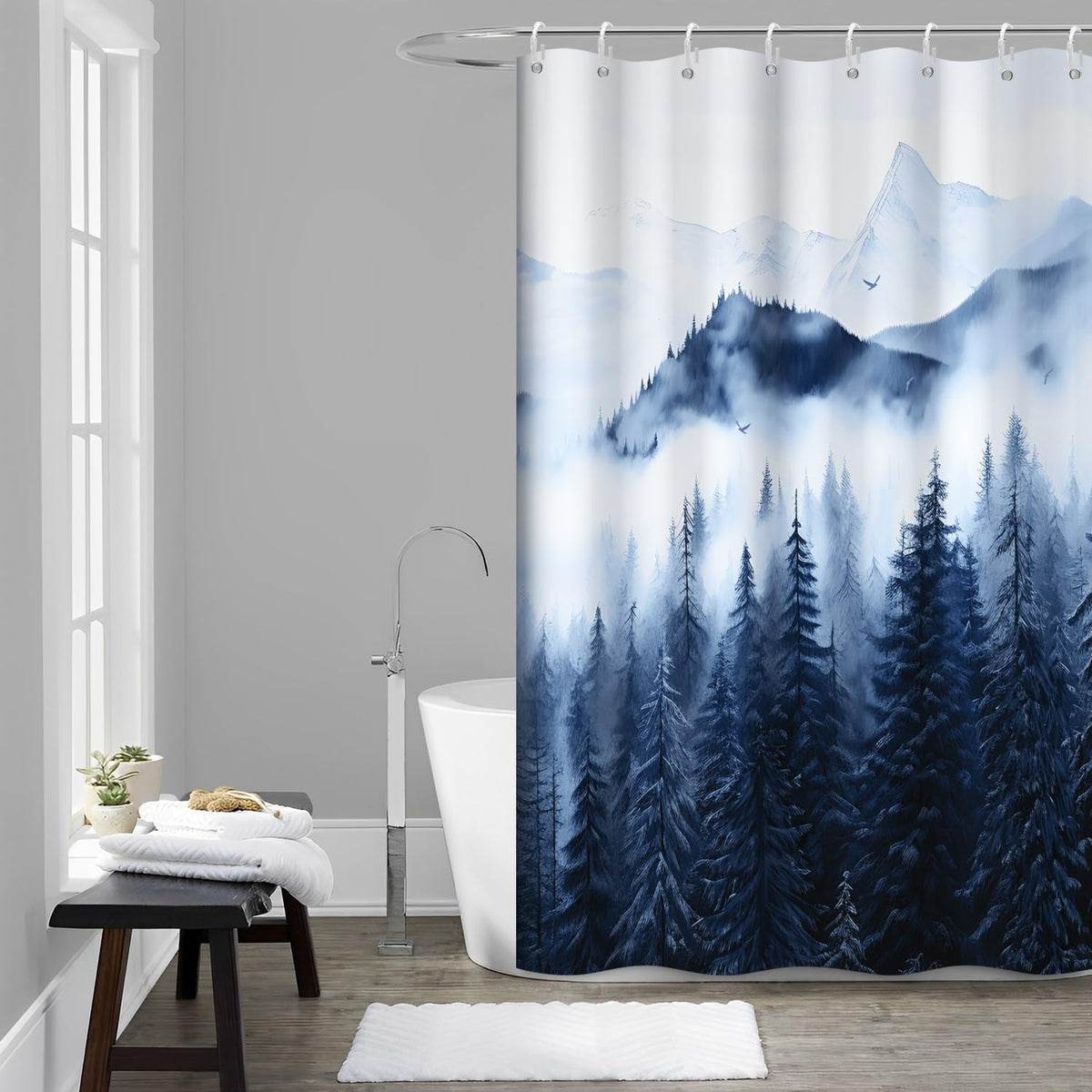Navy Blue Forest Shower Curtain for Bathroom 72x72 Inch