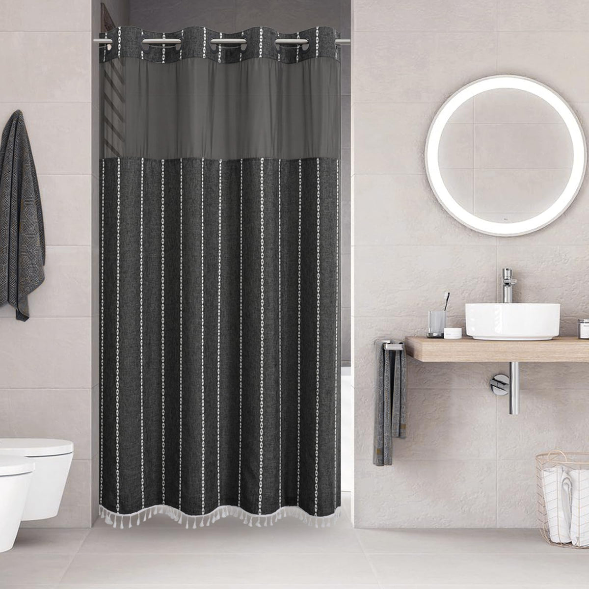 eachope Boho Farmhouse No Hook Shower Curtain Set with Snap-in Fabric Liner,Heavy-Duty Linen Textured Rustic Striped Design,Water-Repellent with Tassels and Sheer Window,Tan/Taupe,71x74