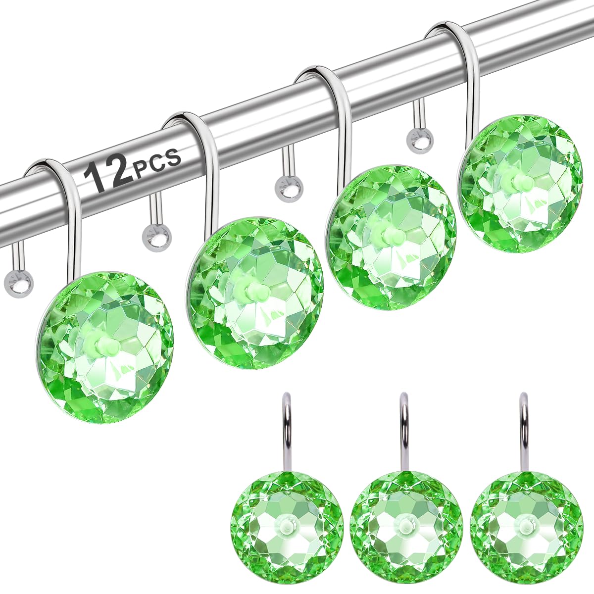 12PCS Shower Curtain Hooks Rings for Bathroom, Stainless Steel Metal Crystal Rhinestones Bling Rust Proof Shower Curtain Rings Hangers for Shower Curtain Decorative, Round Heavy Duty Hooks (Clear)