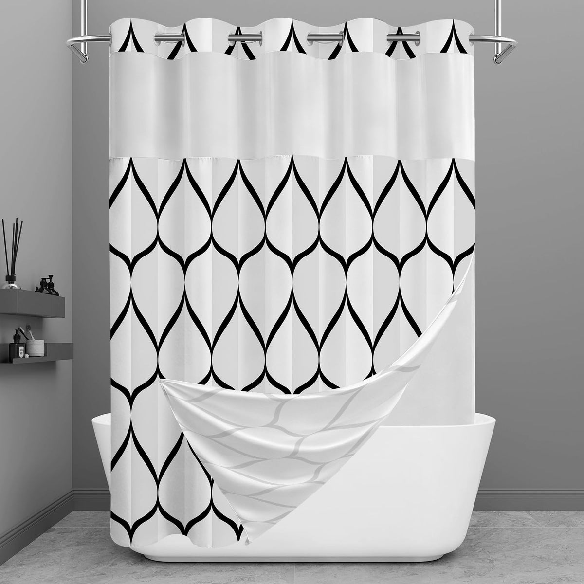 Yiatn Gray Ringless Shower Curtain with Snap-in Liner, 71 x 74 Inch