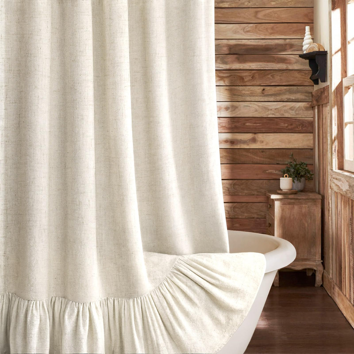 Farmhouse Shower Curtain Ruffle Linen Cream-Green Stripe 72"W x 72"L