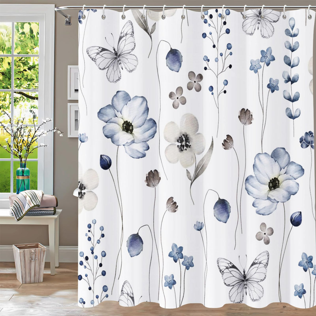 Shower Curtain Blue Eucalyptus Shower Curtains for Bathroom, Watercolor Leaf Shower Curtain Sets Waterproof Plant Shower Curtain Leaves Fabric Cloth Bathroom Curtains 72x72 inch with Hooks