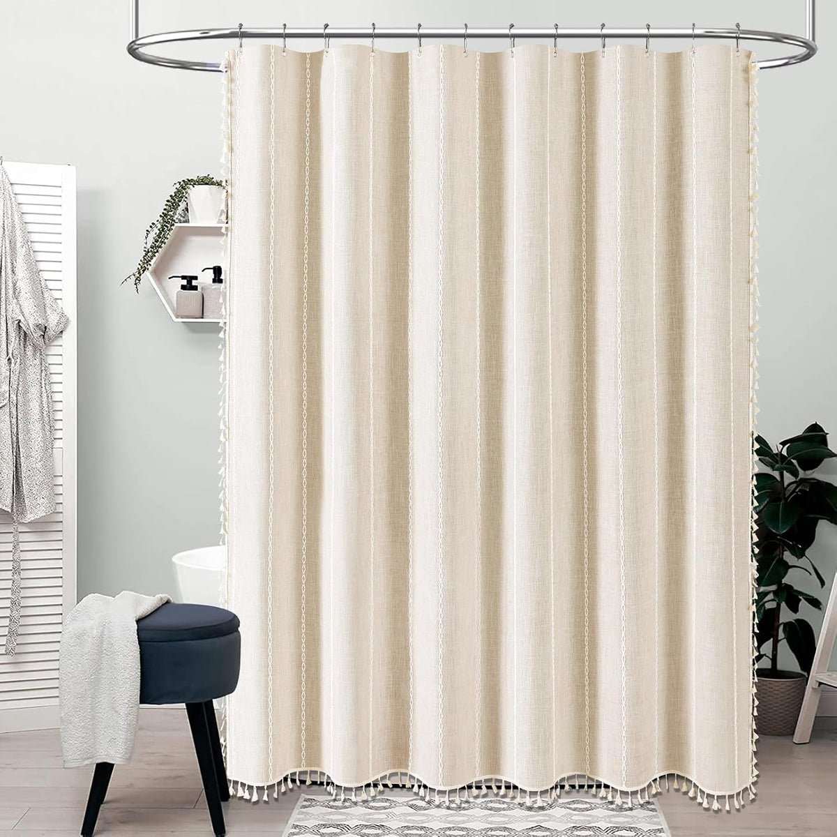 BTTN Cream Boho Farmhouse Linen Heavy Duty Shower Curtain Set, 72x72, Beige