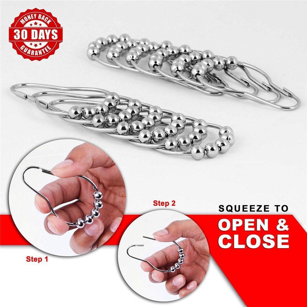 Uigos Premium Shower Curtain Rings Set of 12, Rust-Resistant Stainless Steel Hooks with Smooth Glide Roller Balls, Heavy-Duty Secure Closing, Chrome