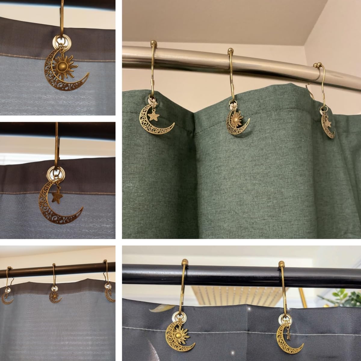 Decorative Sun Moon Celestial Shower Curtain Hooks Rings Set of 12, Bronze