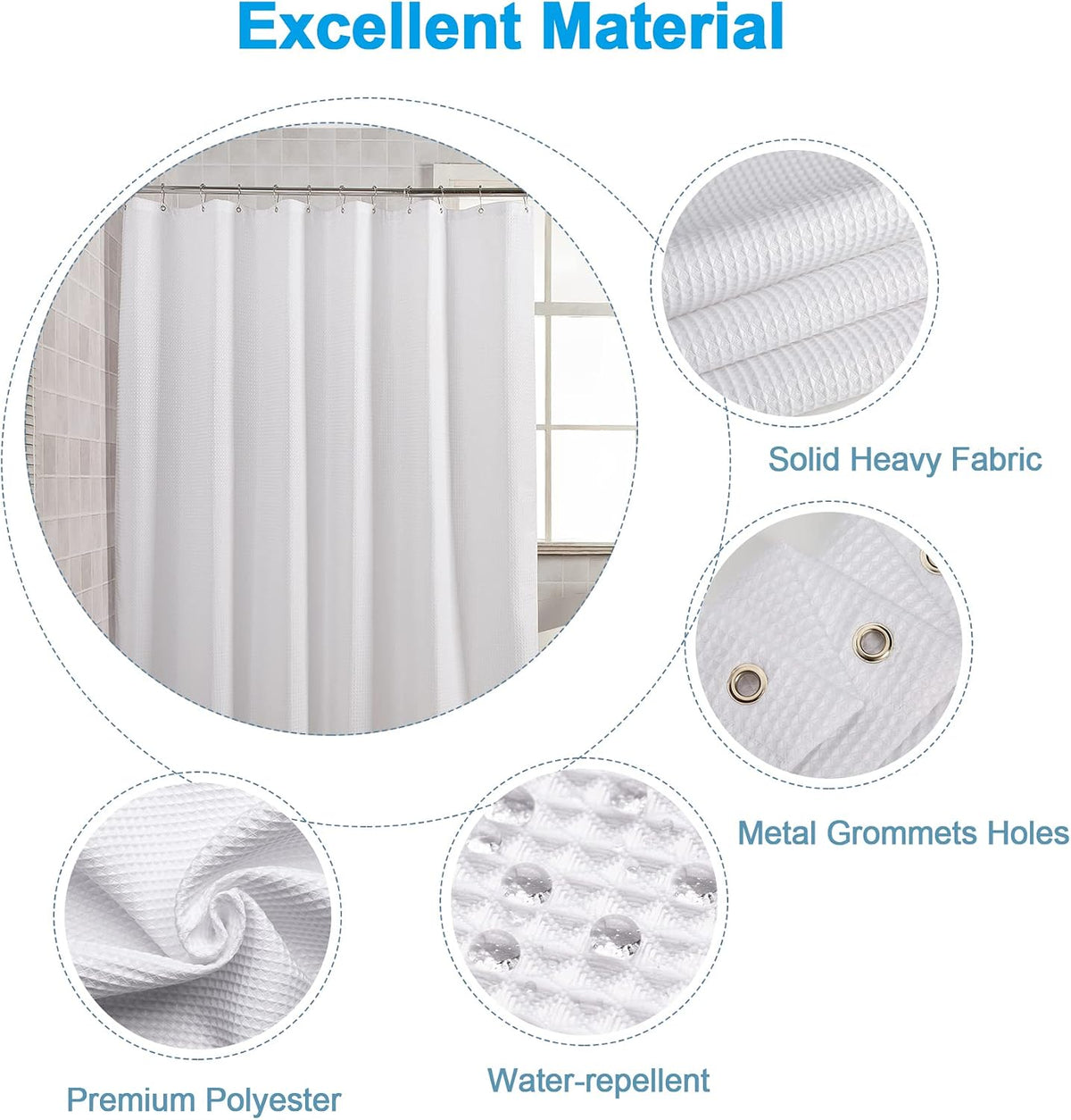 AmazerBath White Shower Curtain Fabric, Waffle Shower Curtains for Bathroom, Cloth Shower Curtain Heavy Duty, Thick Bathroom Shower Curtains Hotel Quality, Premium Polyester, 72x72 Inches