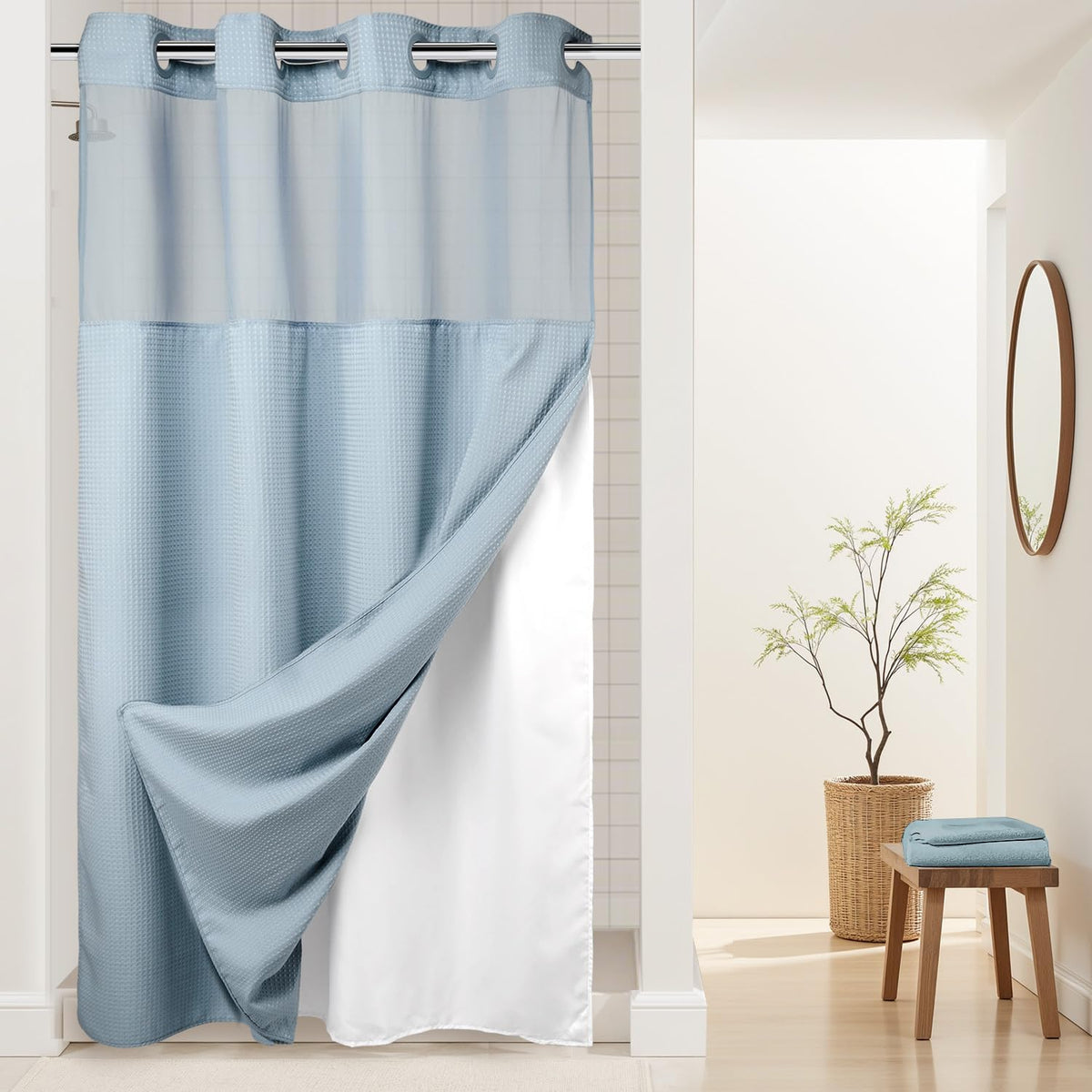 RiverDream Heavyweight Waffle No Hook Shower Curtain with Liner,White,71x74