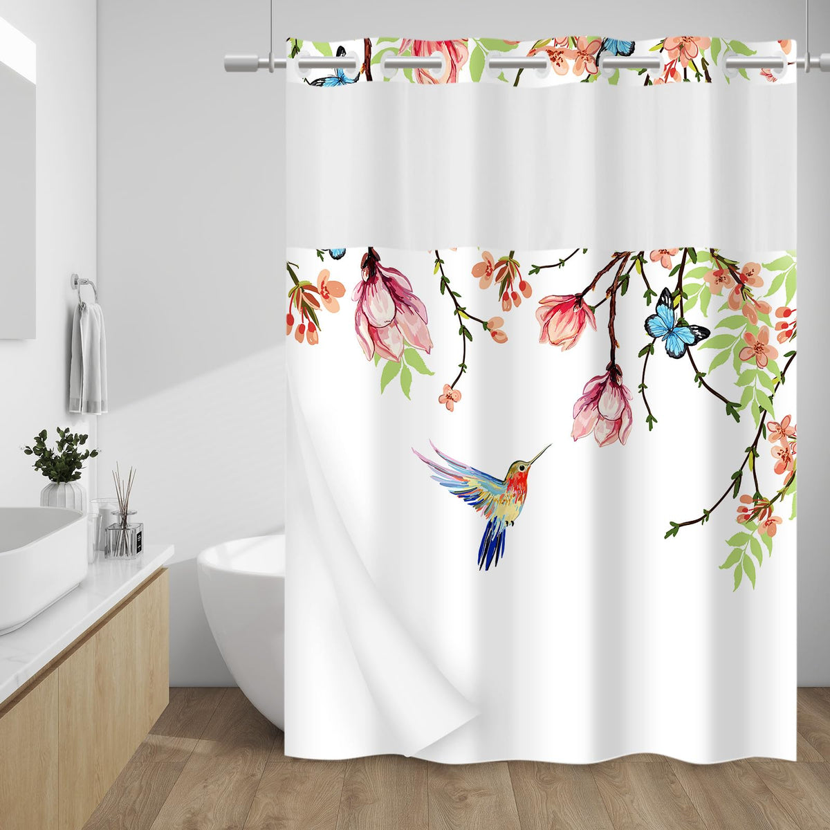 WITHLOC Hook Free Floral Shower Curtain with Liner, Blue Beige, 71x74