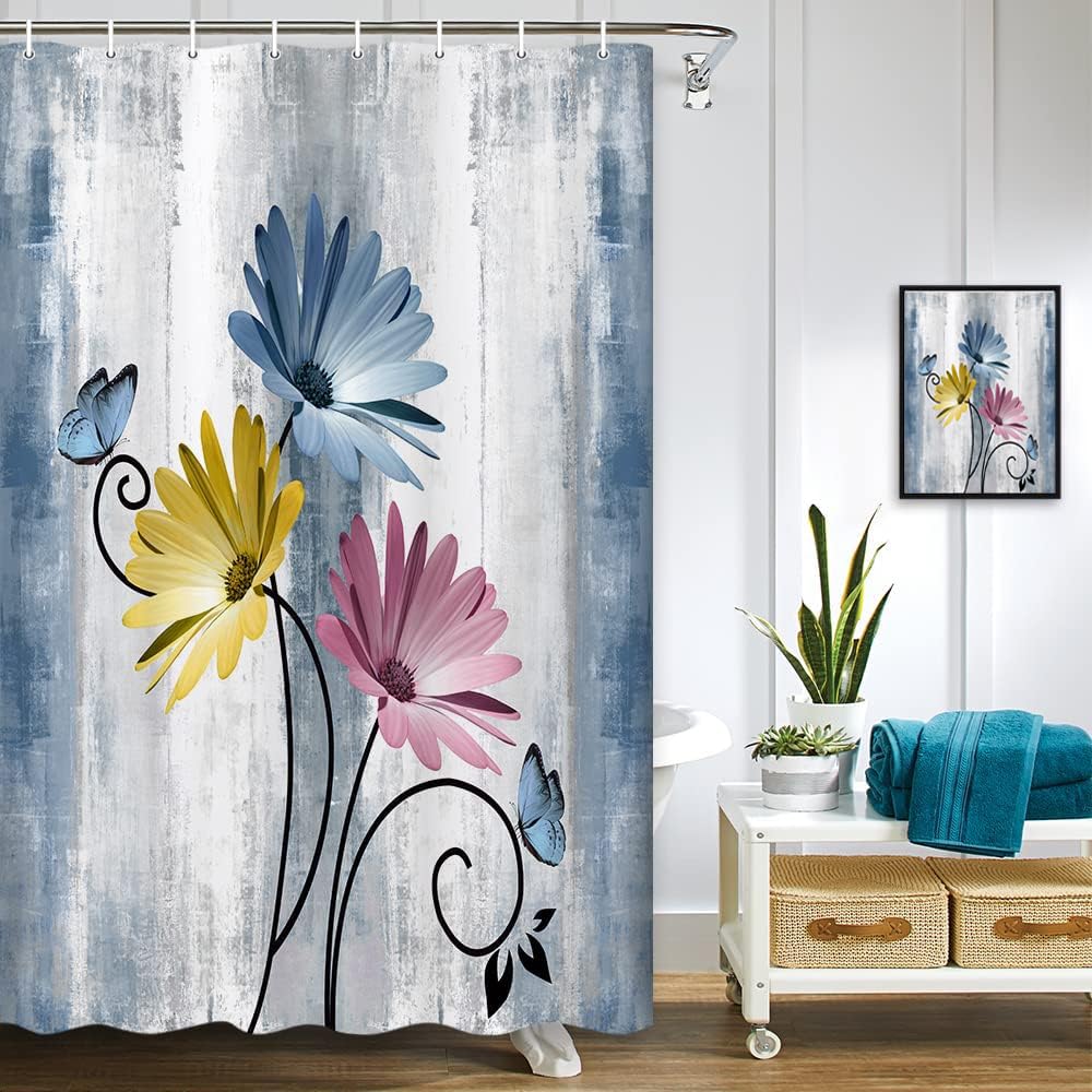 Rustic Farmhouse Shower Curtain, Farm Tan Cream Daisy Floral Flowers and Butterfly on Country Wooden Shower Curtains for Bathroom, Beige Brown Home Decor with 12PCS Hooks, 70X70IN