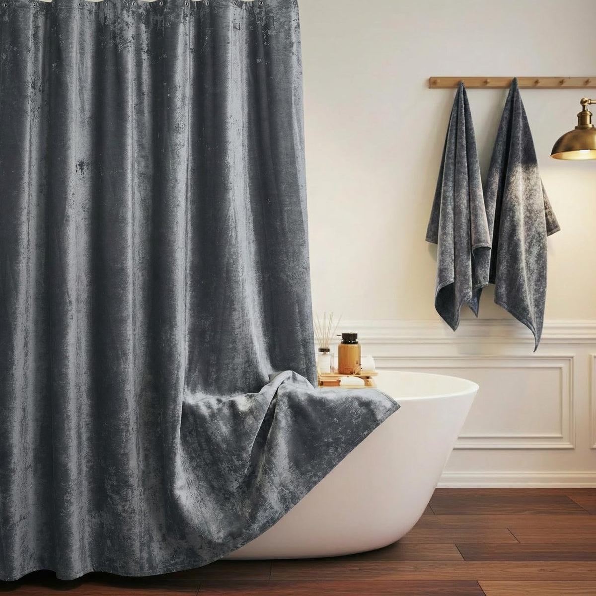 TAMGHO Crushed Velvet Shower Curtain, Dark Green Luxury Shower Curtain with Gold Decro Metal Hooks, Machine Washable Thick Fabric Bathroom Curtain, 72x72
