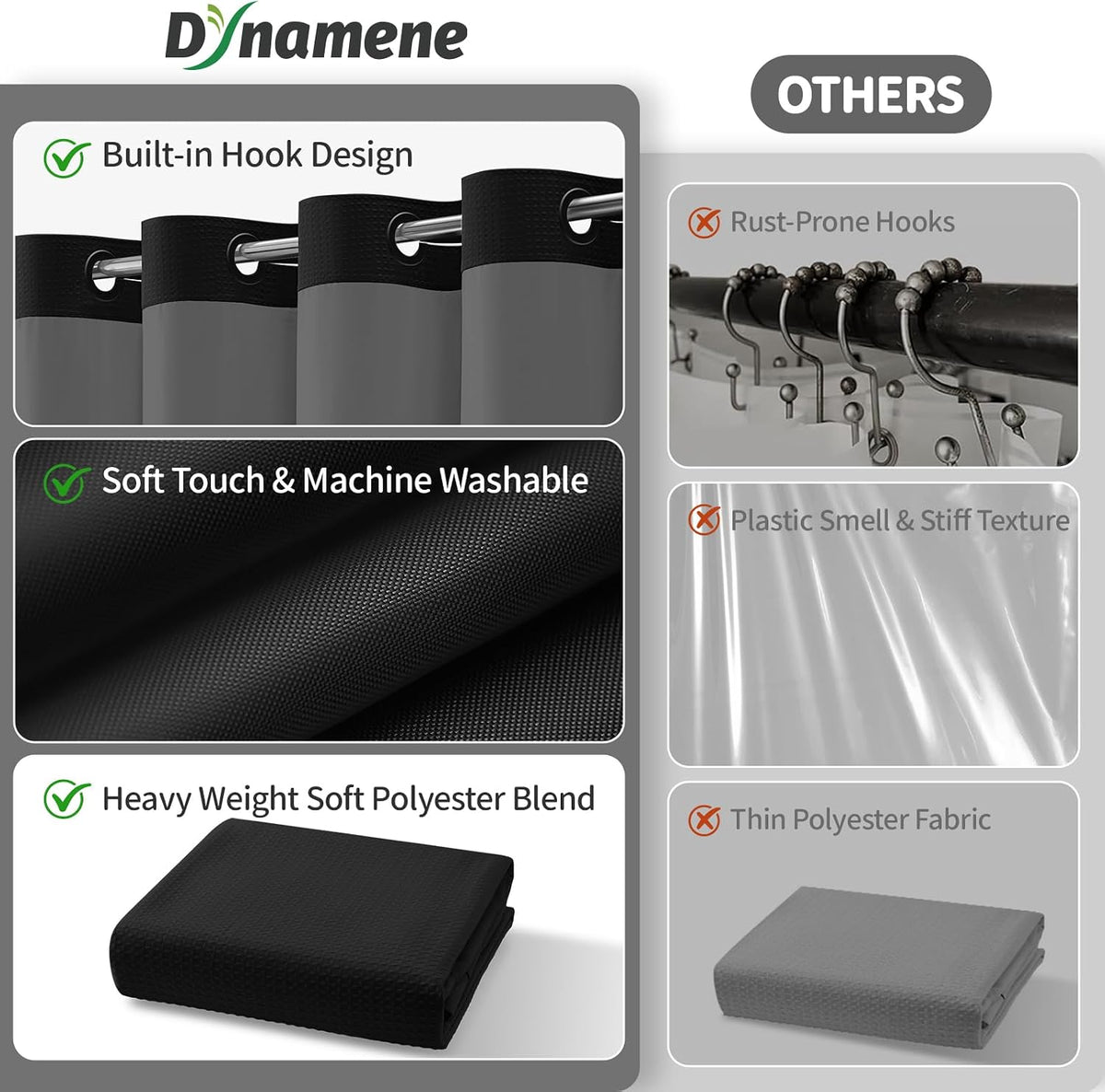 Dynamene Ringless Waffle Weave Fabric Shower Curtain Set, Black, 72"x75"
