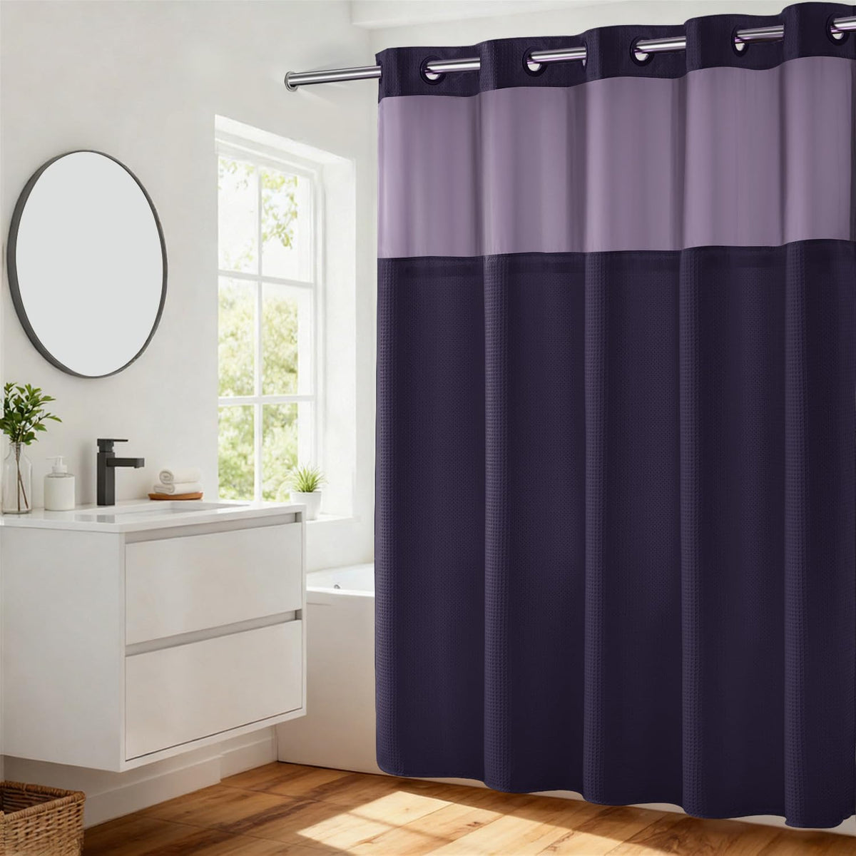 RiverDream Heavyweight Waffle No Hook Shower Curtain with Liner,White,71x74