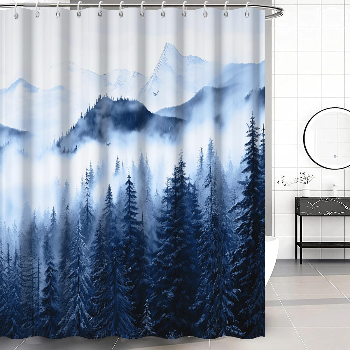 Navy Blue Forest Shower Curtain for Bathroom 72x72 Inch