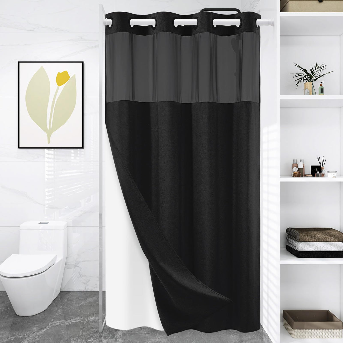 WONICY Hook-Free Shower Curtain with Snap-in Liner, Cream, 71 x 74