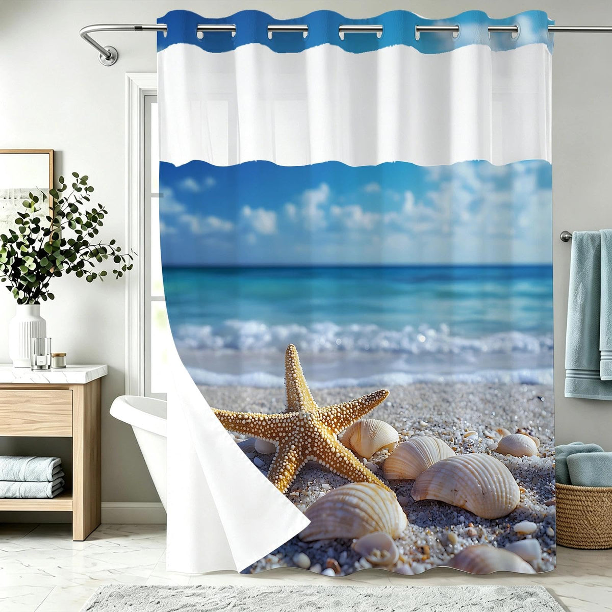 Nautical Green Sea Turtles Beach Theme Fabric Shower Curtain Sets Bathroom Blue Ocean Decor with Grommets and Hooks - 72 x 72 Inch Teal
