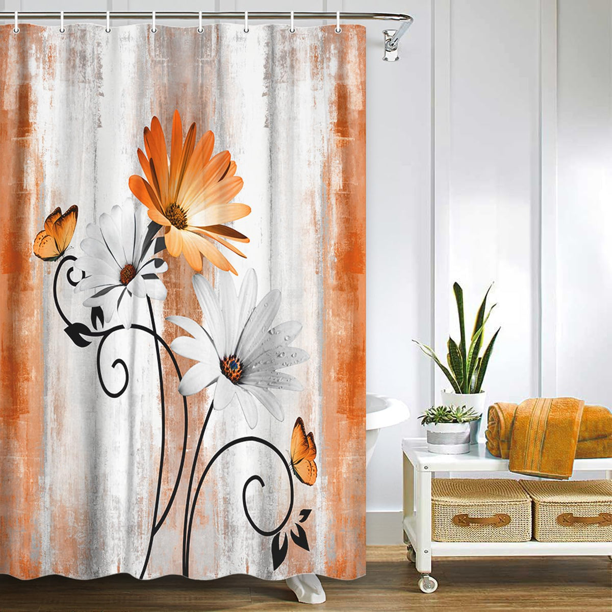 Rustic Farmhouse Shower Curtain, Farm Tan Cream Daisy Floral Flowers and Butterfly on Country Wooden Shower Curtains for Bathroom, Beige Brown Home Decor with 12PCS Hooks, 70X70IN