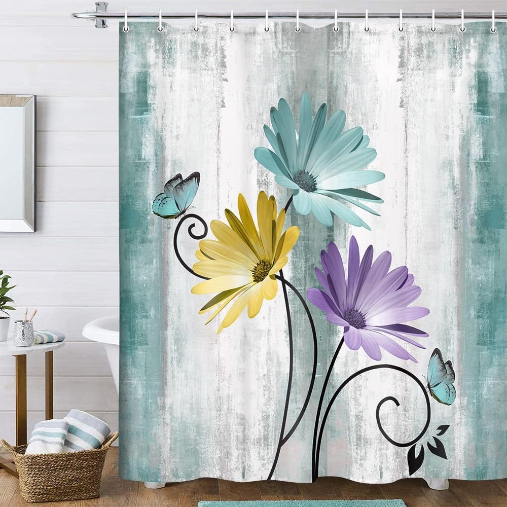 Rustic Farmhouse Shower Curtain, Farm Tan Cream Daisy Floral Flowers and Butterfly on Country Wooden Shower Curtains for Bathroom, Beige Brown Home Decor with 12PCS Hooks, 70X70IN