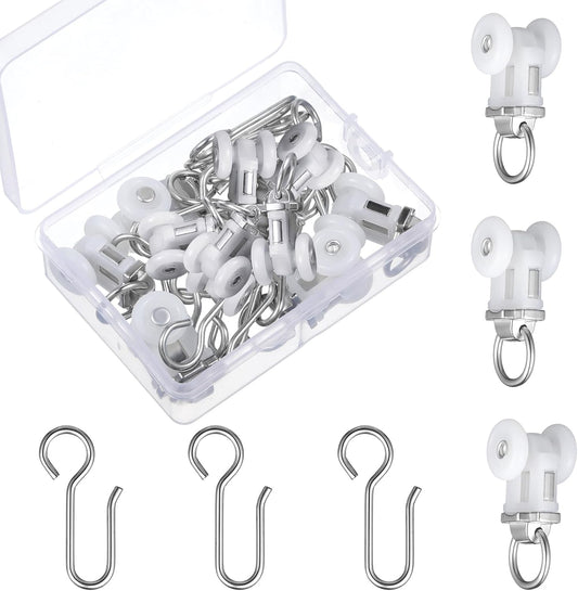 Zonon 100 Pcs Curtain Track Roller and Hooks Kit Dual Wheel Roller Carrier Ceiling Mount Gliders Stainless Steel Hooks for Ceiling Mounted Shower Curtains, Drapes, and Room Dividers