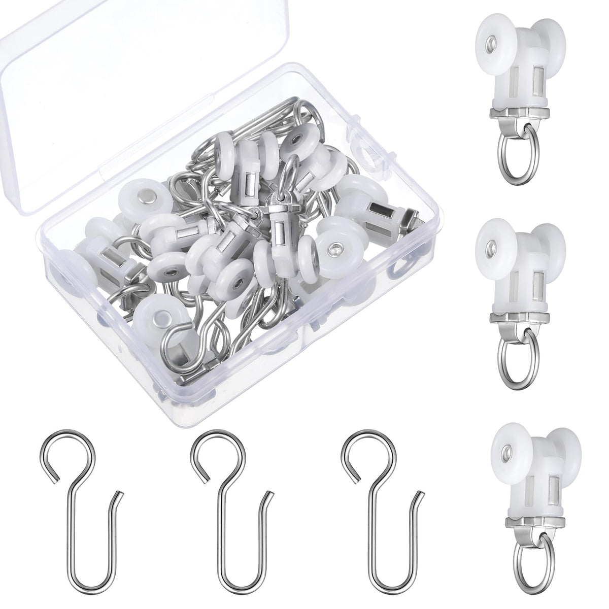 Zonon 100 Pcs Curtain Track Roller and Hooks Kit Dual Wheel Roller Carrier Ceiling Mount Gliders Stainless Steel Hooks for Ceiling Mounted Shower Curtains, Drapes, and Room Dividers