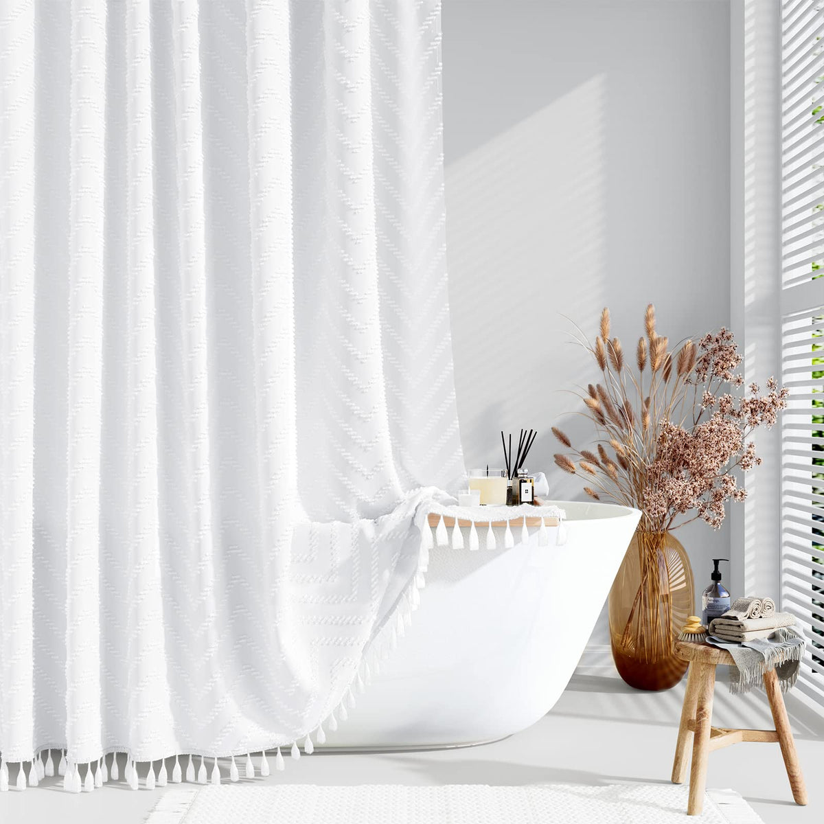 Dynamene Boho Farmhouse Fabric Shower Curtain Tufted Chevron 72"x72" Black