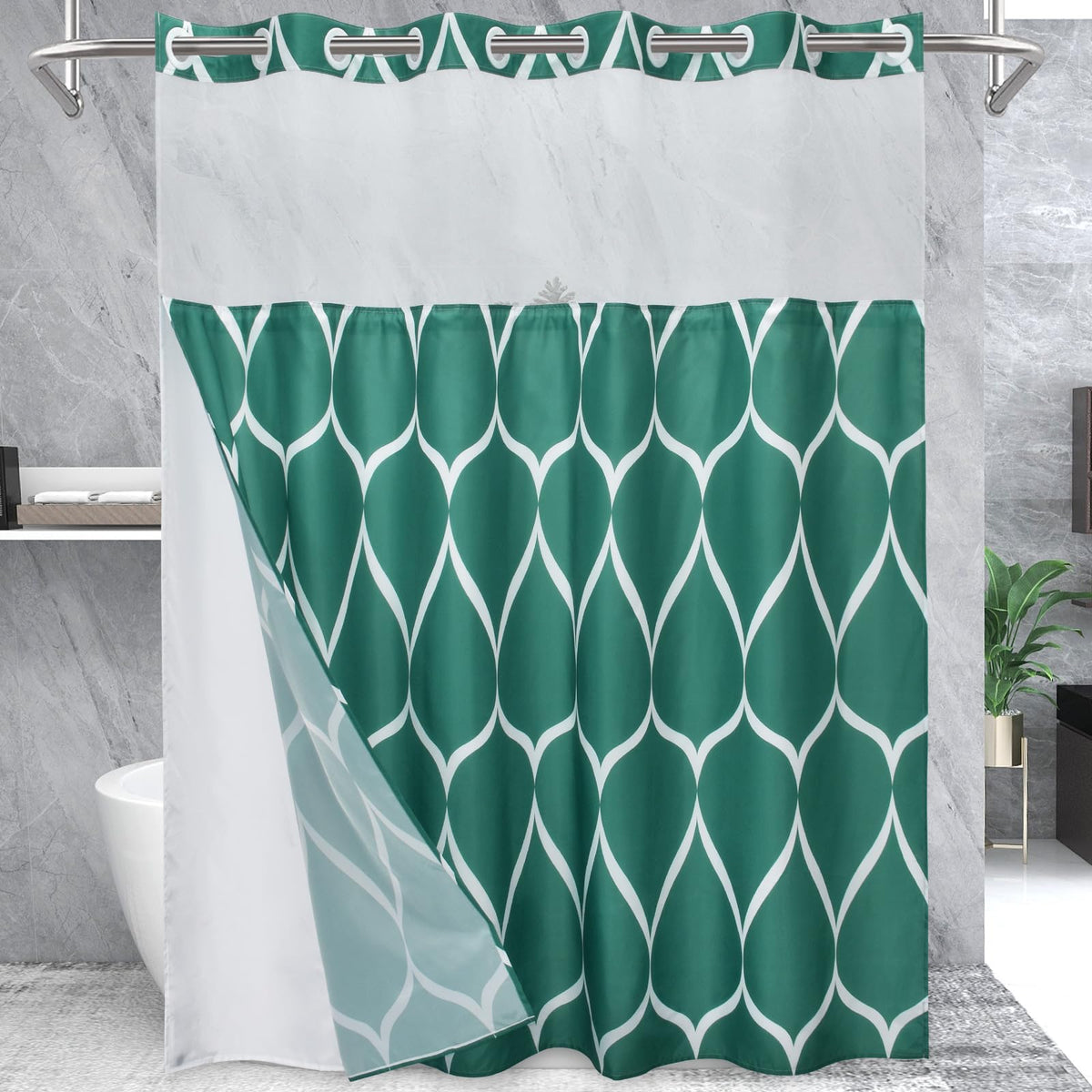 Yiatn Gray Ringless Shower Curtain with Snap-in Liner, 71 x 74 Inch