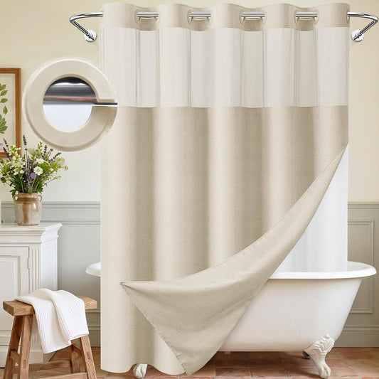 WONICY Hook-Free Shower Curtain with Snap-in Liner, Cream, 71 x 74