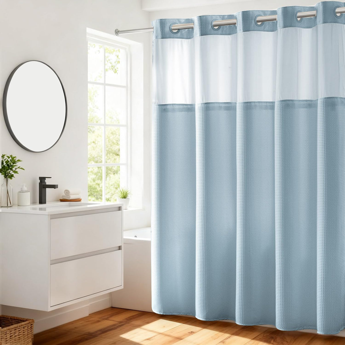 RiverDream Heavyweight Waffle No Hook Shower Curtain with Liner,White,71x74