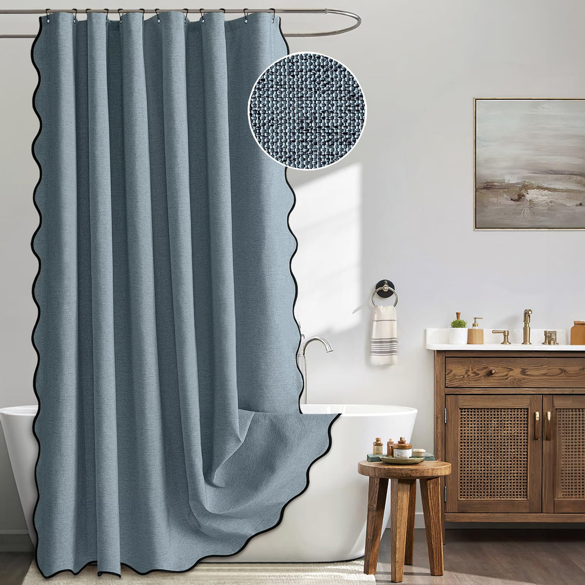 MIULEE Beige Scalloped Shower Curtain Linen Textured with 12 Metal Hooks Cute Heavy Duty Washable Waterproof Neutral Thick Cloth Shower Curtains with Black Border for Bathroom Bathtub,W72*L72 Cream