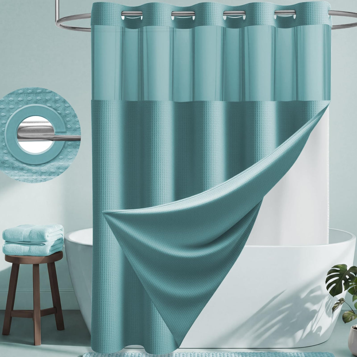 Dynamene Ringless Waffle Weave Fabric Shower Curtain Set, Black, 72"x75"