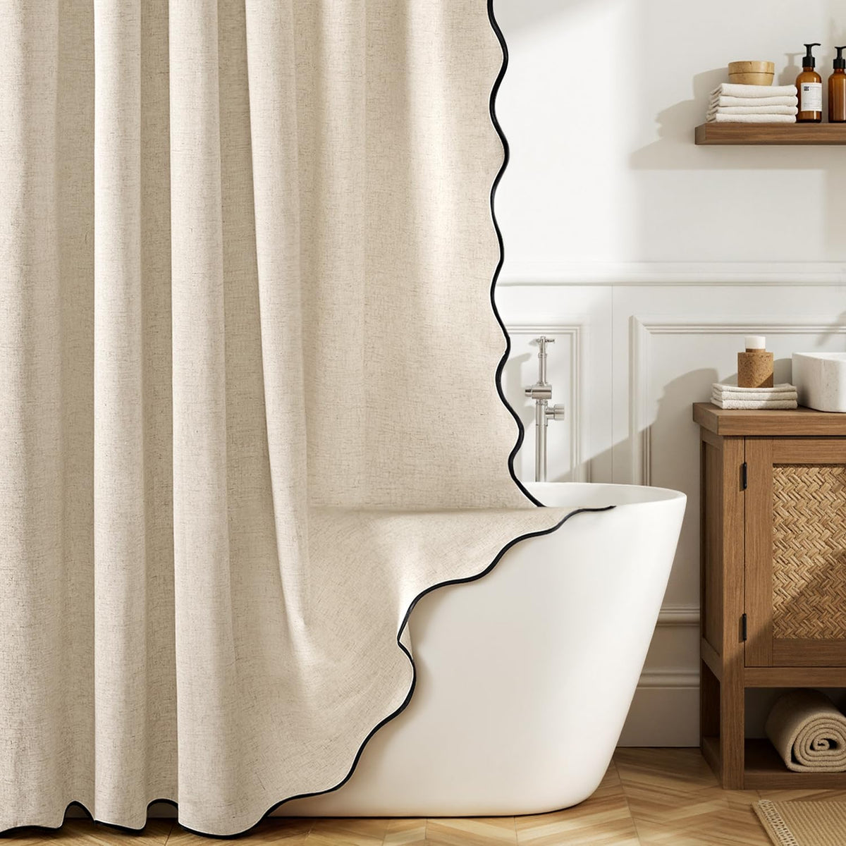 MIULEE Natural Scalloped Linen Shower Curtain 72W x 72L
